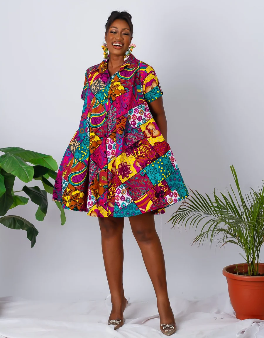 AFRICAN PRINT SHORT SLEEVE MINI DRESS