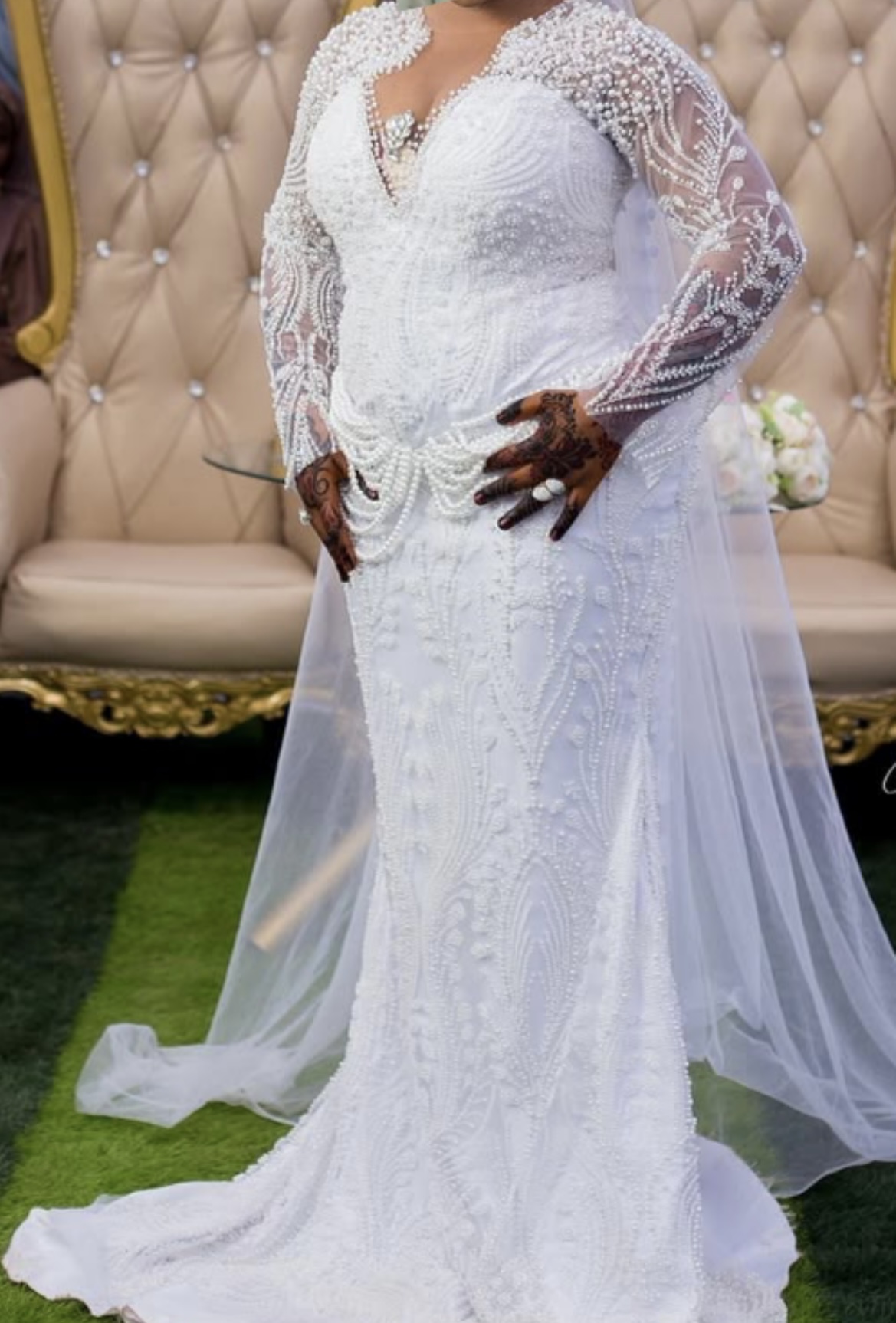 Luxury White Beaded Mermaid Wedding Gown with Sheer Sleeves & Veil